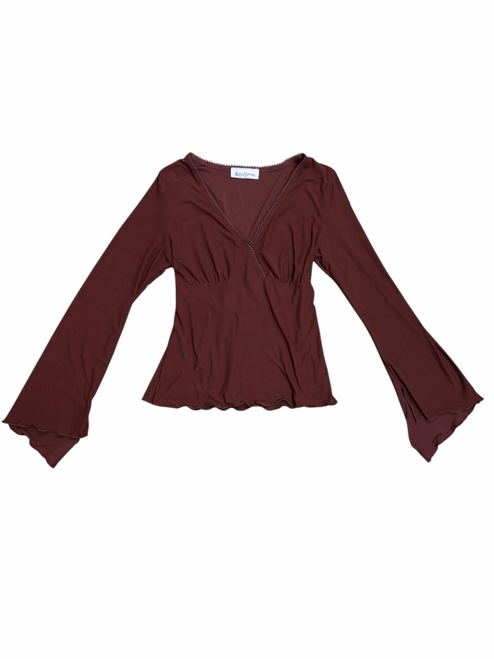 Vintage Y2K Self Esteem Mauve-Brown V-Neck Bell Sleeve Top - Small / Medium